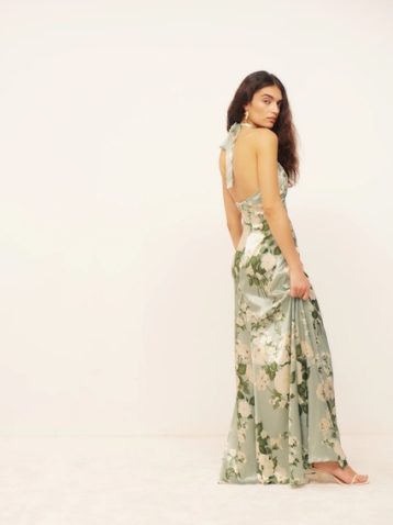 Reformation Veria Silk Maxi Dress Tarragon Green Multi