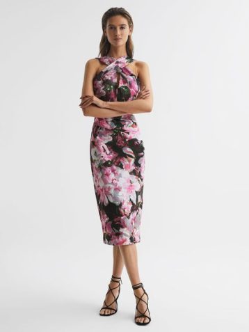 Reiss Ella Floral Print Halter Midi Dress Pink Black Multi