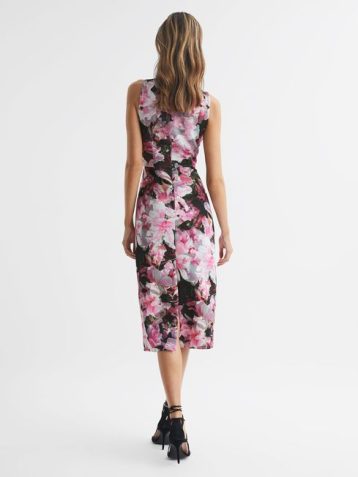 Reiss Ella Floral Print Halter Midi Dress Pink Black Multi