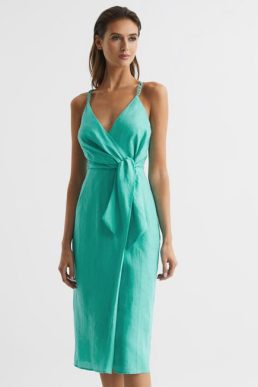 Reiss Esme Linen Side Tie Midi Dress Aqua Green