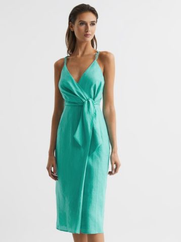 Reiss Esme Linen Side Tie Midi Dress Aqua Green