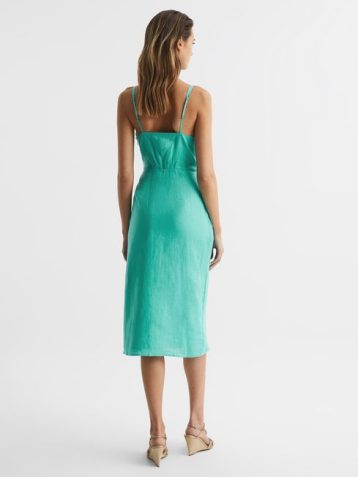 Reiss Esme Linen Side Tie Midi Dress Aqua Green