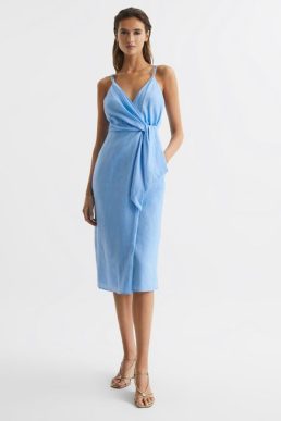 Reiss Esme Linen Side Tie Midi Dress Blue