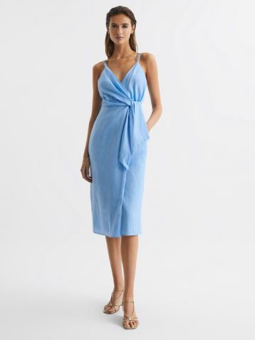 Reiss Esme Linen Side Tie Midi Dress Blue