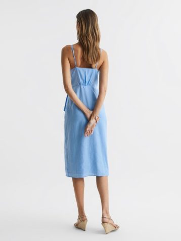 Reiss Esme Linen Side Tie Midi Dress Blue