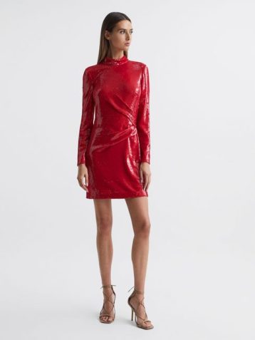 Reiss Halston Emely Sequin Mini Dress Red