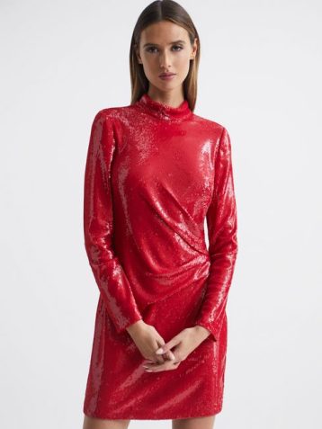 Reiss Halston Emely Sequin Mini Dress Red