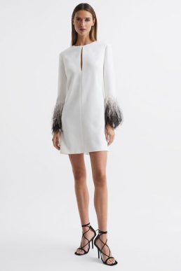 Reiss Halston Kendall Tailored Feather Sleeve Mini Dress White