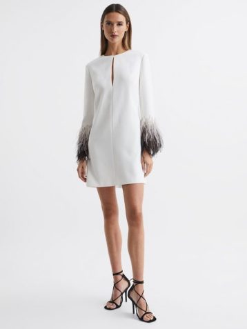 Reiss Halston Kendall Tailored Feather Sleeve Mini Dress White