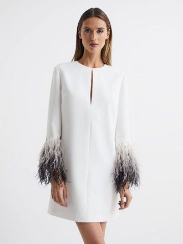 Reiss Halston Kendall Tailored Feather Sleeve Mini Dress White