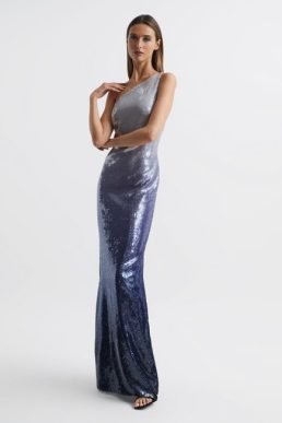 Reiss Halston Tiana Cold Shoulder Ombre SequinMaxi Gown Blue silver