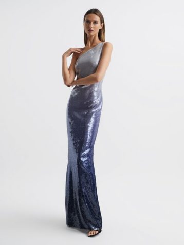 Reiss Halston Tiana Cold Shoulder Ombre SequinMaxi Gown Blue silver