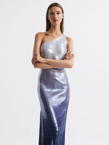 Reiss Halston Tiana Cold Shoulder Ombre SequinMaxi Gown Blue silver