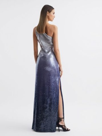 Reiss Halston Tiana Cold Shoulder Ombre SequinMaxi Gown Blue silver