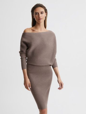 Reiss Lara Off The Shoulder Knitted Shift Dress Mink