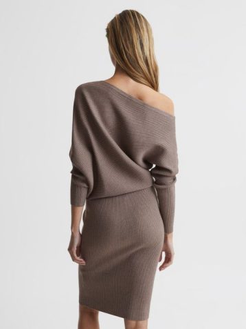 Reiss Lara Off The Shoulder Knitted Shift Dress Mink