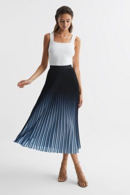 Reiss Marlie Ombre Pleated Midi Skirt Navy Blue