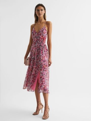 Reiss Pippa Floral Printed Midi Dress Pink Multi