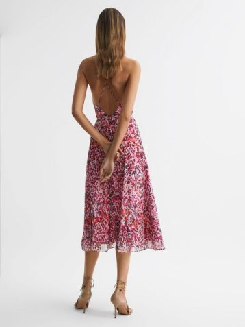 Reiss Pippa Floral Printed Midi Dress Pink Multi