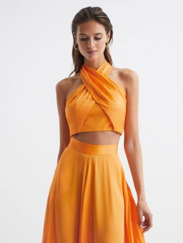 Reiss Ruby Cropped Halter Occasion Top Orange