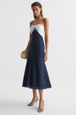 Reiss Sian Linen Colour Block Midi Dress Navy White