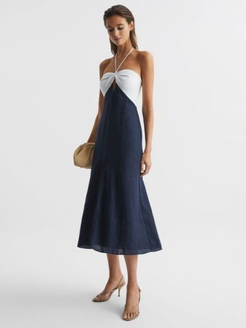 Reiss Sian Linen Colour Block Midi Dress Navy White