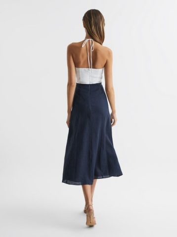 Reiss Sian Linen Colour Block Midi Dress Navy White