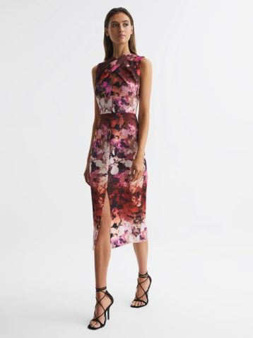 Reiss Vega Floral Printed Bodycon Midi Dress Pink Multi