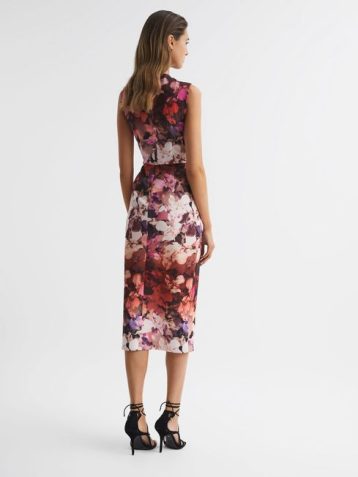 Reiss Vega Floral Printed Bodycon Midi Dress Pink Multi