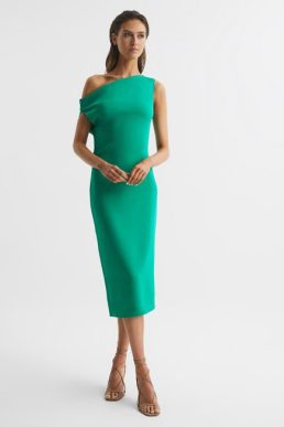 Reiss Zaria Off-Shoulder Bodycon Midi Dress Green