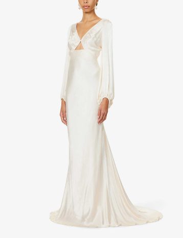 Shona Joy Flared-hem cut-out satin maxi bridal dress Cream