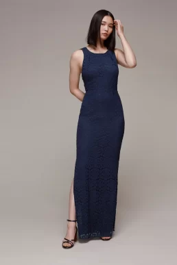 Whistles Lace Tie Back Maxi Bridesmaid Dress Navy Blue