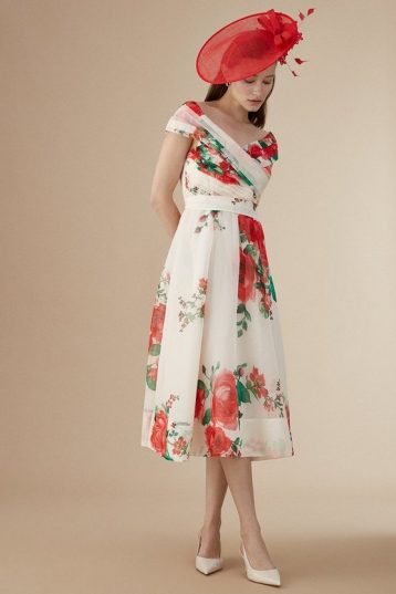 Coast Lisa Tan Bardot Dress In Organza White Red