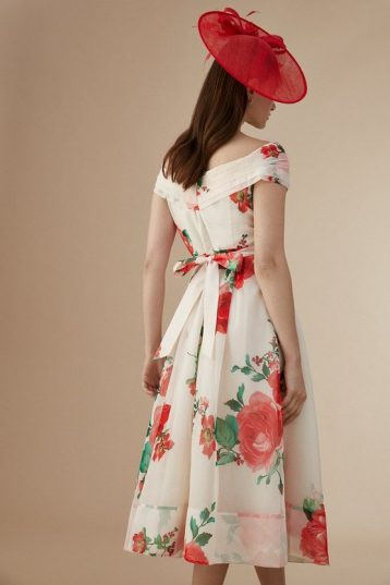 Coast Lisa Tan Bardot Dress In Organza White Red