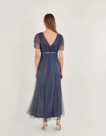 Monsoon Isla spot mesh maxi bridesmaid dress blue