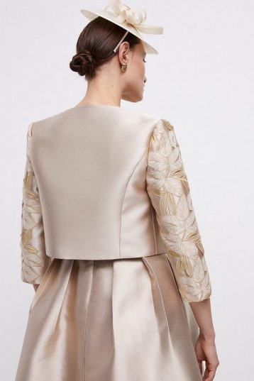 Coast Cropped Twill Jacket With Cutwork Lace Trim Champagne