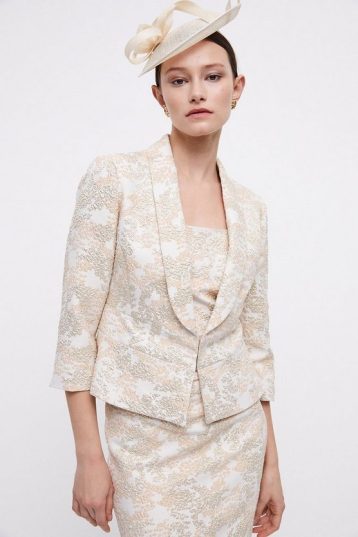 Coast Premium Stetch Jacquard Peplum Cropped Jacket Gold