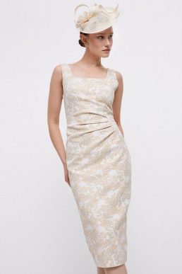 Coast Premium Stretch Jacquard Ruche Side Pencil Dress Gold