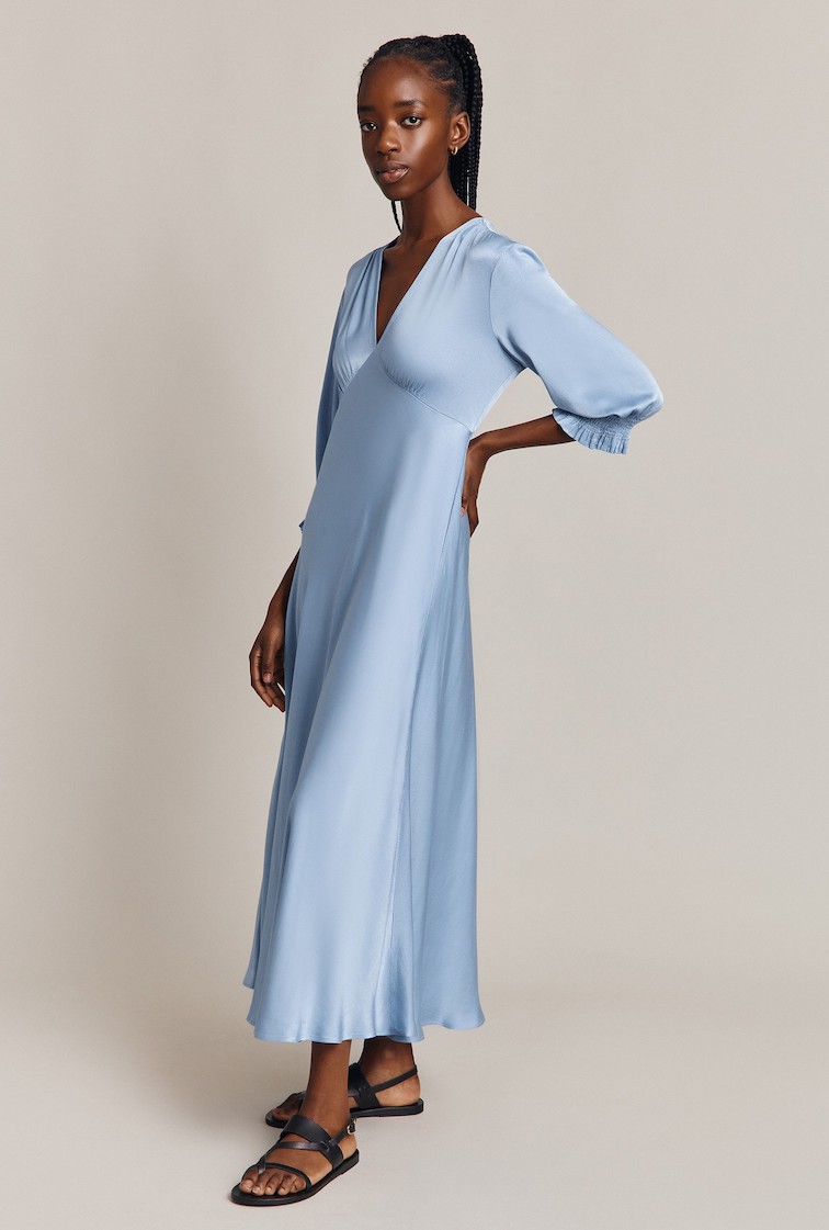 Elle Satin Midi Dress Soft Blue, £159