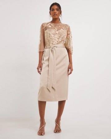 Joanna Hope Latte 3D Lace Scallop Sleeve Satin Midi Dress Latte