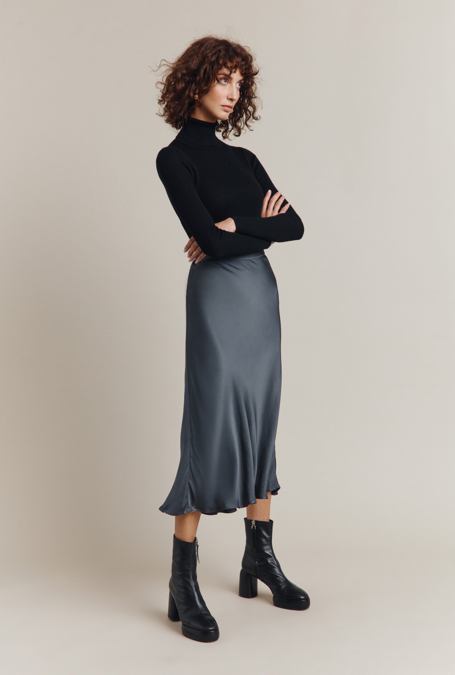 Luna Satin Slip Skirt Charcoal, £69