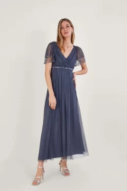 Monsoon Isla spot mesh maxi bridesmaid dress blue