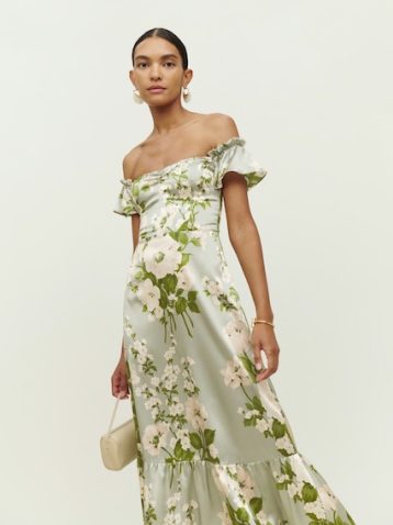 Reformation Sianna Floral Silk Bardot Dress Light Green Tarragon