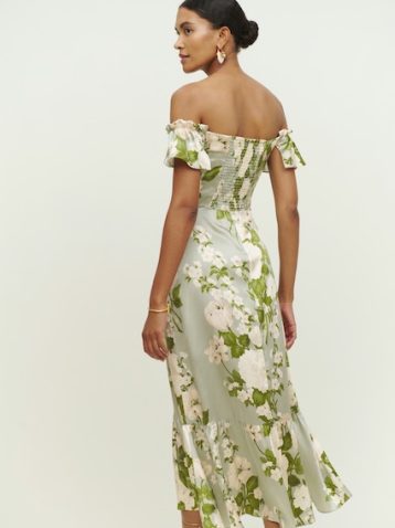 Reformation Sianna Floral Silk Bardot Dress Light Green Tarragon