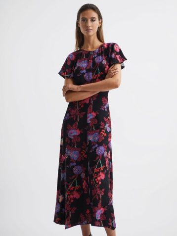 Reiss Eleni Fitted Floral Print Midi Dress Black Multi