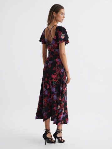 Reiss Eleni Fitted Floral Print Midi Dress Black Multi