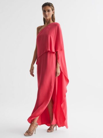 Reiss Jordyn Off-Shoulder Cape Maxi Dress Coral