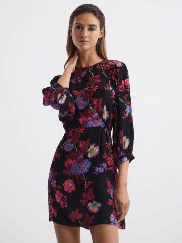 xReiss Paulina Fitted Floral Print Mini Dress Black Multi