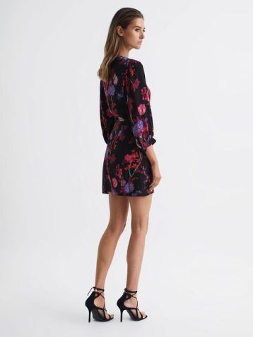 xReiss Paulina Fitted Floral Print Mini Dress Black Multi