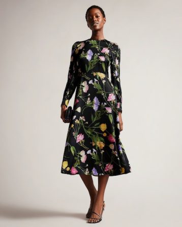 Ted Baker Arianya Blouson Sleeve Floral Midi Dress Black Multi